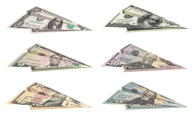 Set of paper dollar planes isolated on white background