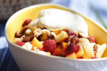 Cereals with fresh fruits and curd cheese
