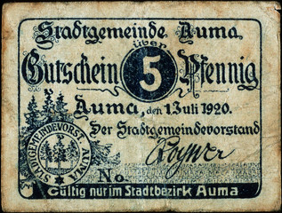 Historische Banknote, Notgeld, 1. Juli 1920, Fünf Pfennig, Deutschland