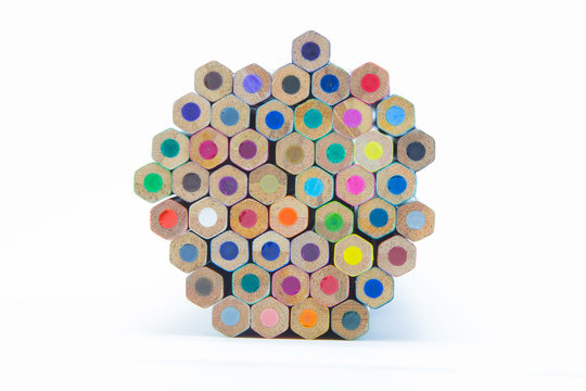 Wooden multiple colour pencils bottom view, on white background
