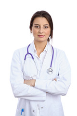 Friendly smiling young female doctor, isolated over white background