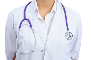 Female doctor with stethoscope, isolated over white background