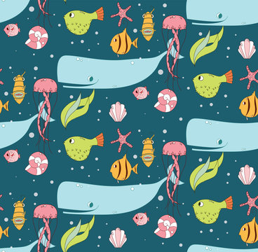 Seamless pattern with underwater scene, fish, whale, jelly fish