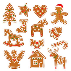Christmas cookies collection with gingerbread and cookies figures isolated on white background - xmas tree, candy cane, angel, bell, sock, gingerbread men, star, heart, deer, rocking horse - 91152532