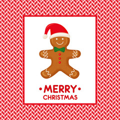 Gingerbread man decorated in colored icing. Merry Christmas card illustration with Gingerbread man on candy canes vector background