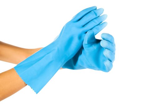 Blue rubber gloves on white background