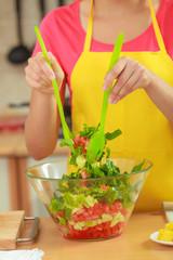 Woman preparing fresh vegetables food salad
