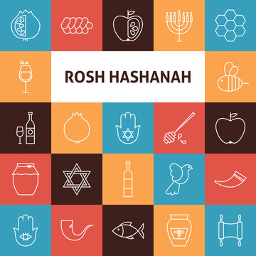 Line Art Rosh Hashanah Jewish New Year Holiday Icons Set