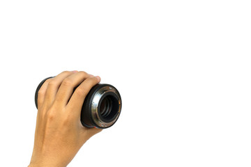 Man hand hold the lens backgroundon on a white background.