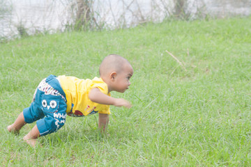 Cute Baby crawling in the grass with natural soft focus.