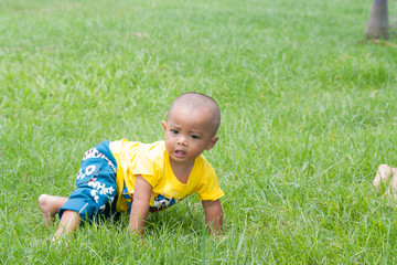 Cute baby crawling on grass. soft focus.