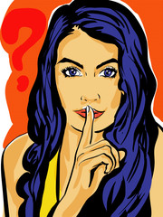 pop art femme qui fait chut doigt sur sa bouche, secret,question,mystère,silence...