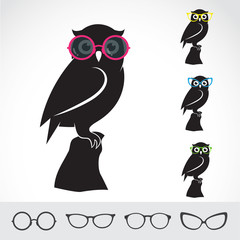 Vector images of owl and glasses on white background.