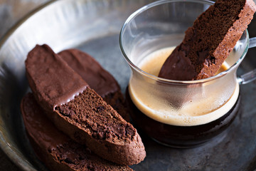 Chocolate biscotti cookies with a cup of coffee