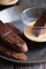 Chocolate biscotti cookies with a cup of coffee