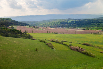 Fototapeta na wymiar The view of green fields at Spis Castle in Slovakia.