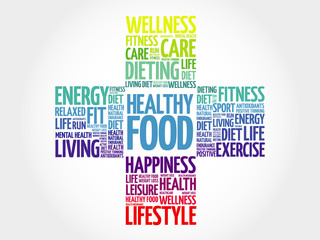 Healthy Food word cloud, health cross concept