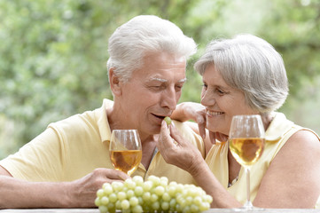 Old couple drinking wine