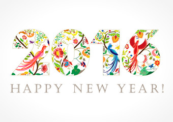 2016 new year folk card. Happy holidays card with ethnic patterns and birds of paradise in 2016.