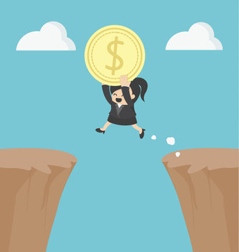 Business Woman holding money jumping over the cliff