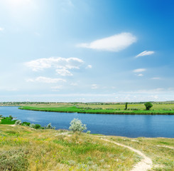 blue sky with clouds and sun over river