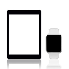 Tablet and smart watch on white
