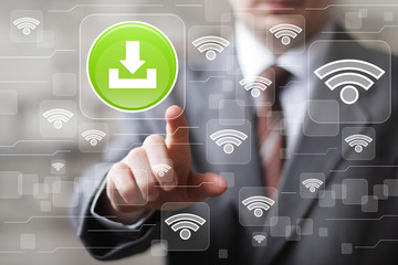 Social network Wifi businessman presses button download sign