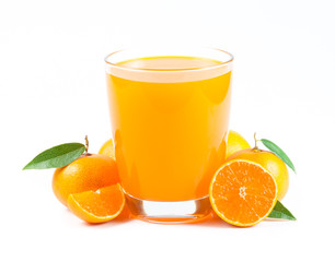 orange juice and slice isolated on white