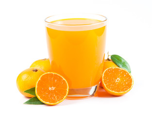 orange juice and slice isolated on white