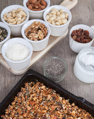 Grain free granola: mixed nuts, seeds, raisins, coconut flakes, chia and coconut oil