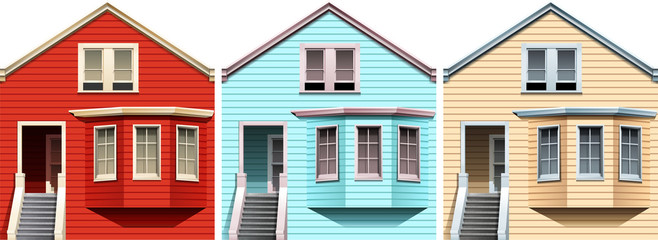 Wooden houses in different colors