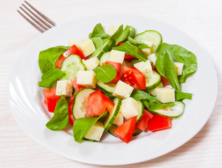 Fresh salad with tomatoes, arugula, cucumber and cheese cubes