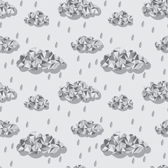 Low poly clouds and rain seamless pattern. Black and white autumn background.