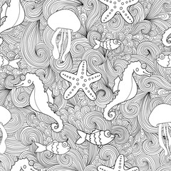 Abstract zentangle wavy seamless pattern. Doodle sea life background.