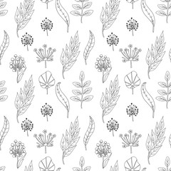 Doodle flowers and leaves seamless pattern. Zentangle hand-drawn herbal background