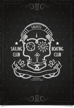 Vintage design of marine sports poster with skull and elements drawn in chalk on blackboard. Dead sea sailing and .boating club