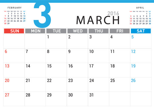 planning calendar simple template March 2016