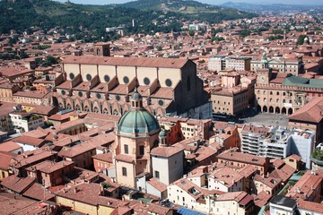 View from Asinelli Tower to Bologna and Piazza Maggiore in Italy 