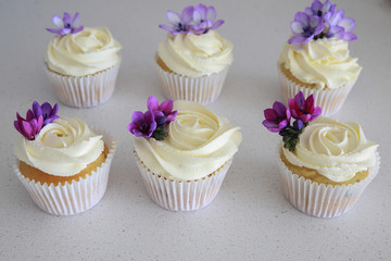 Homemade purple freesia flowers on vanilla cupcakes with whipped