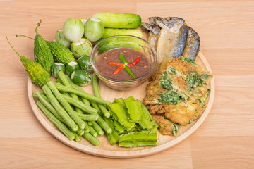 Chili paste and egg with fried mackerel