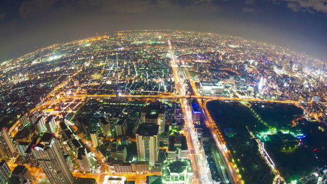Timelapse video of Osaka in Japan at night, aerial view