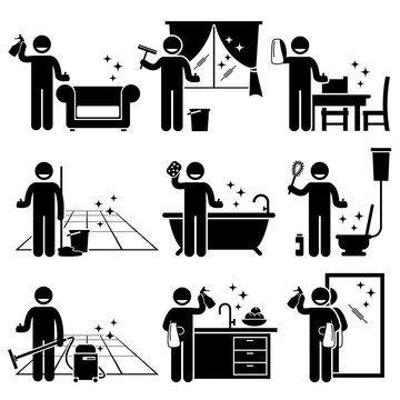 Man washing and cleaning house sofa, windows, wooden furniture, floor, bathtub, toilet bowl, kitchen, and mirror at home.