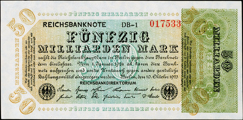 Historische Banknote, 10. Oktober 1923, F&uuml;nfzig Milliarden Mark, Deutschland
