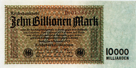 Historische Banknote, 1. November 1923, Zehn Billionen Mark, Deutschland