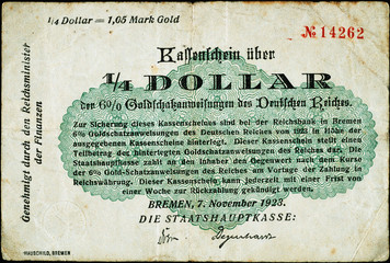Obraz premium Historische Banknote, Notgeld, 7. November 1923, 1/4 Dollar, = 1,05 Mark Gold, Deutschland