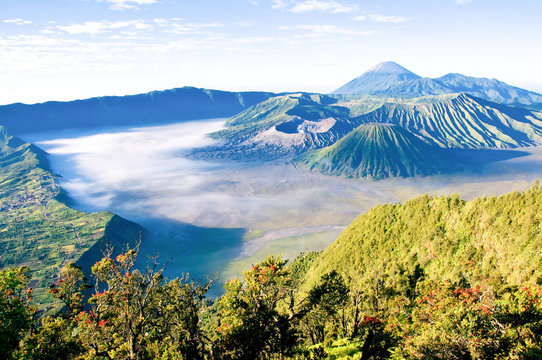 Bromo Tengger Semeru National Park in East Java, Indonesia - There are five volcanoes inside the Tengger Caldera : Mount Bromo, Mount Batok, Mount Kursi, Mount Watangan and Mount Widodaren 