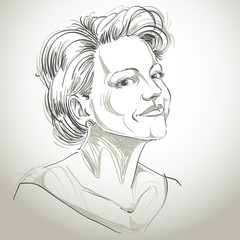 Monochrome vector hand-drawn image, peaceful young woman. Black