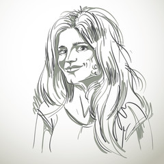 Monochrome vector hand-drawn image, flirting young woman. Black