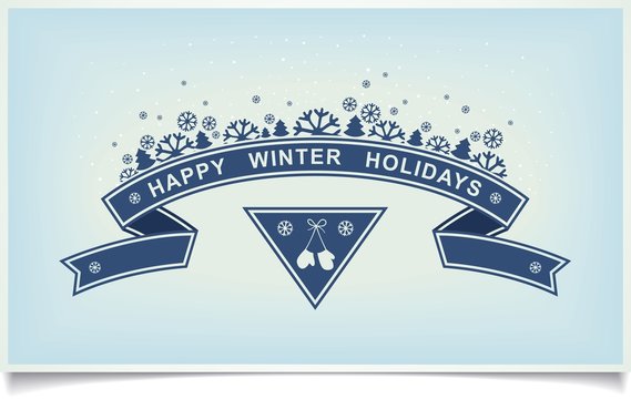 Happy winter holiday greeting card with ribbon design and snowy composition on light blue background