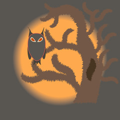 Owl sitting on an old tree on a background of an orange moon